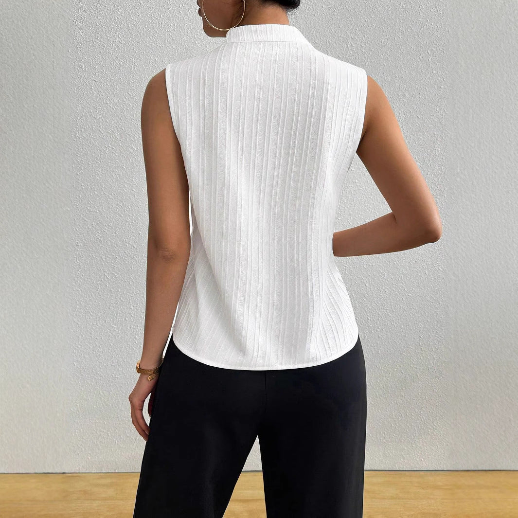 European and American Style Women's Top Pure Color V-neck Slim Fit Sleeveless Textured Short-sleeve Casual T-shirt
