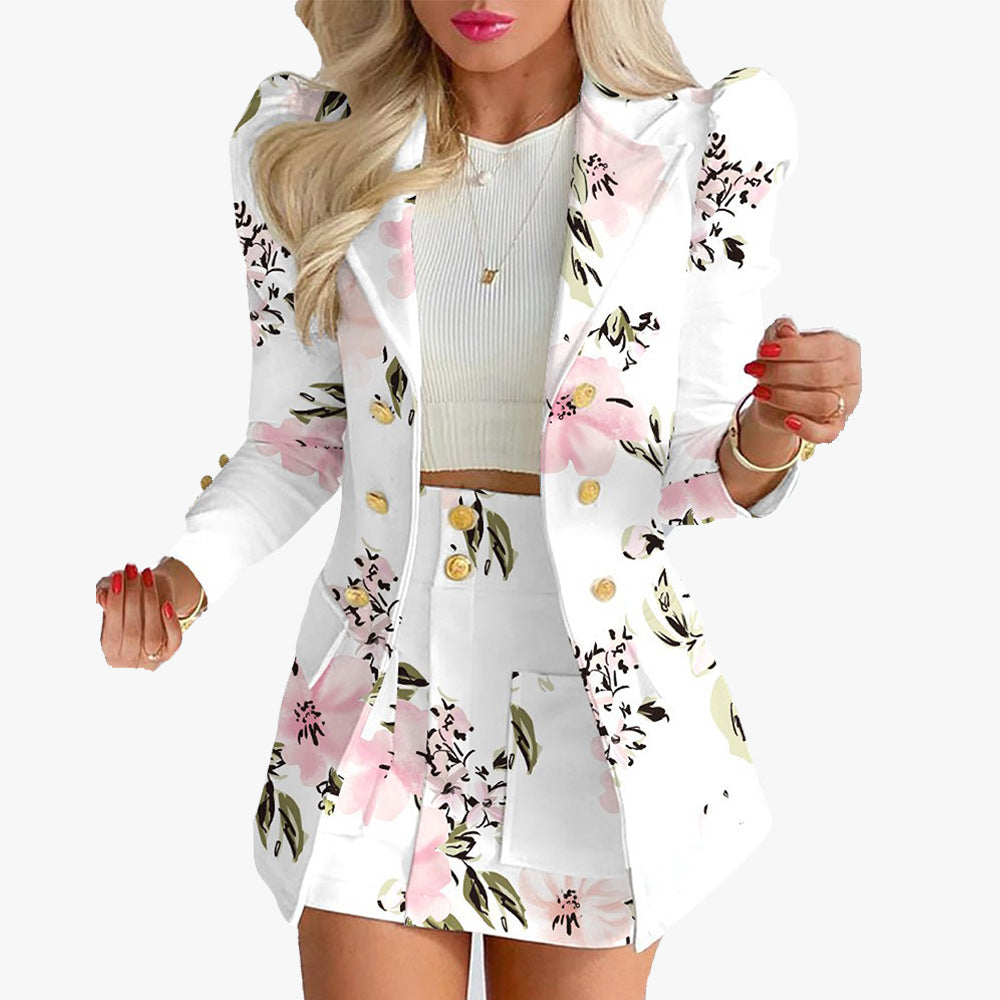 Spring and Autumn women's clothing new fashion suit temperament checkered floral casual short skirt suit two-piece set