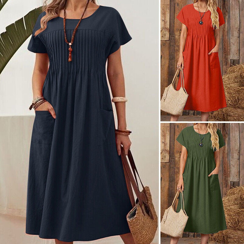 Summer  Women's Long Dress New Pure Color Pocket Pleated Short Sleeve Dress