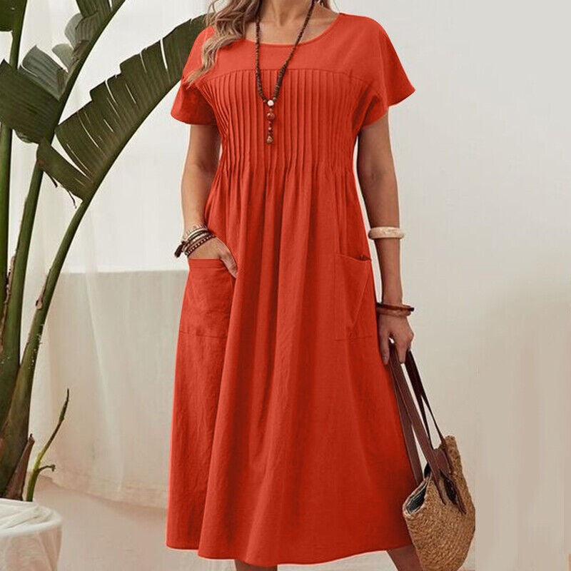 Summer  Women's Long Dress New Pure Color Pocket Pleated Short Sleeve Dress