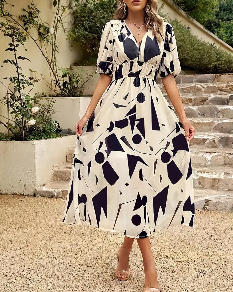 Women's Cinched-Waist Print Midi Dress