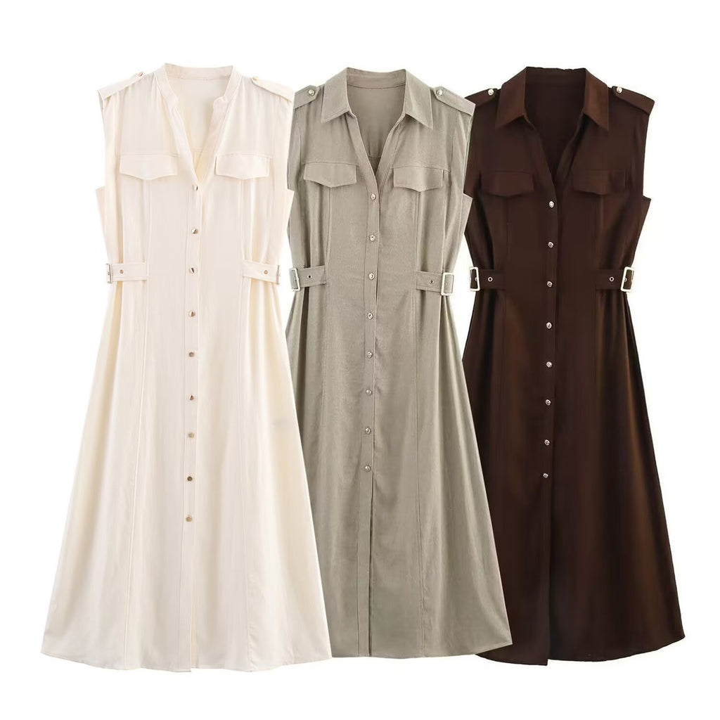 Women's Khaki Linen Midi Dress