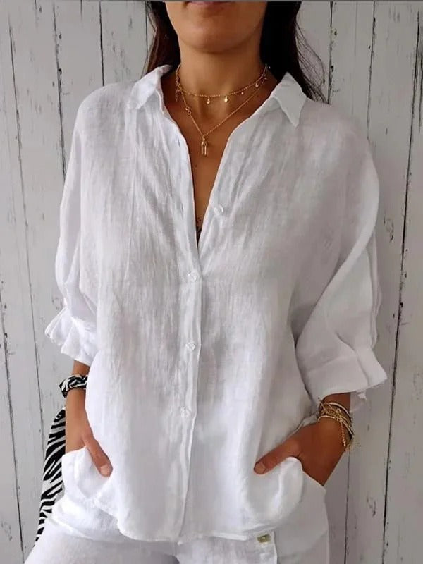 Women's Lace-Up Back Cotton-Linen Shirt