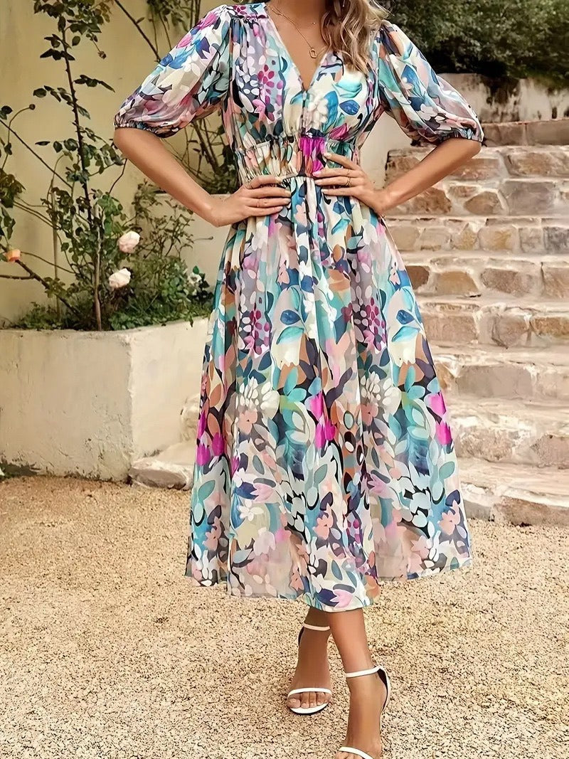 Women's Cinched-Waist Print Midi Dress
