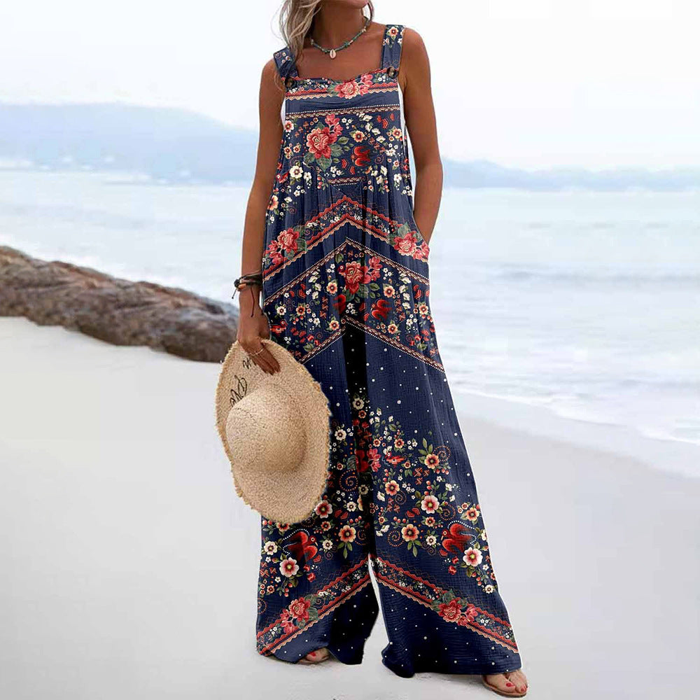 Women's Plaid Floral Backless Jumpsuit