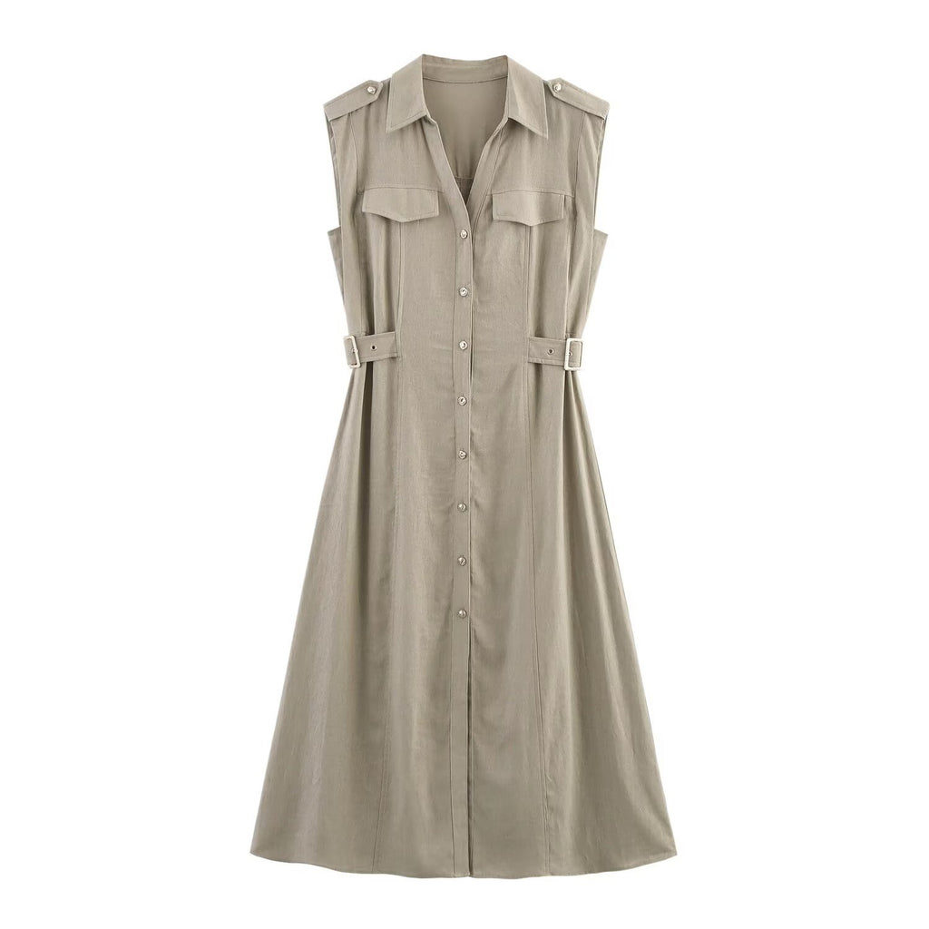 Women's Khaki Linen Midi Dress