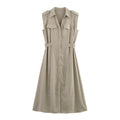 Women's Khaki Linen Midi Dress