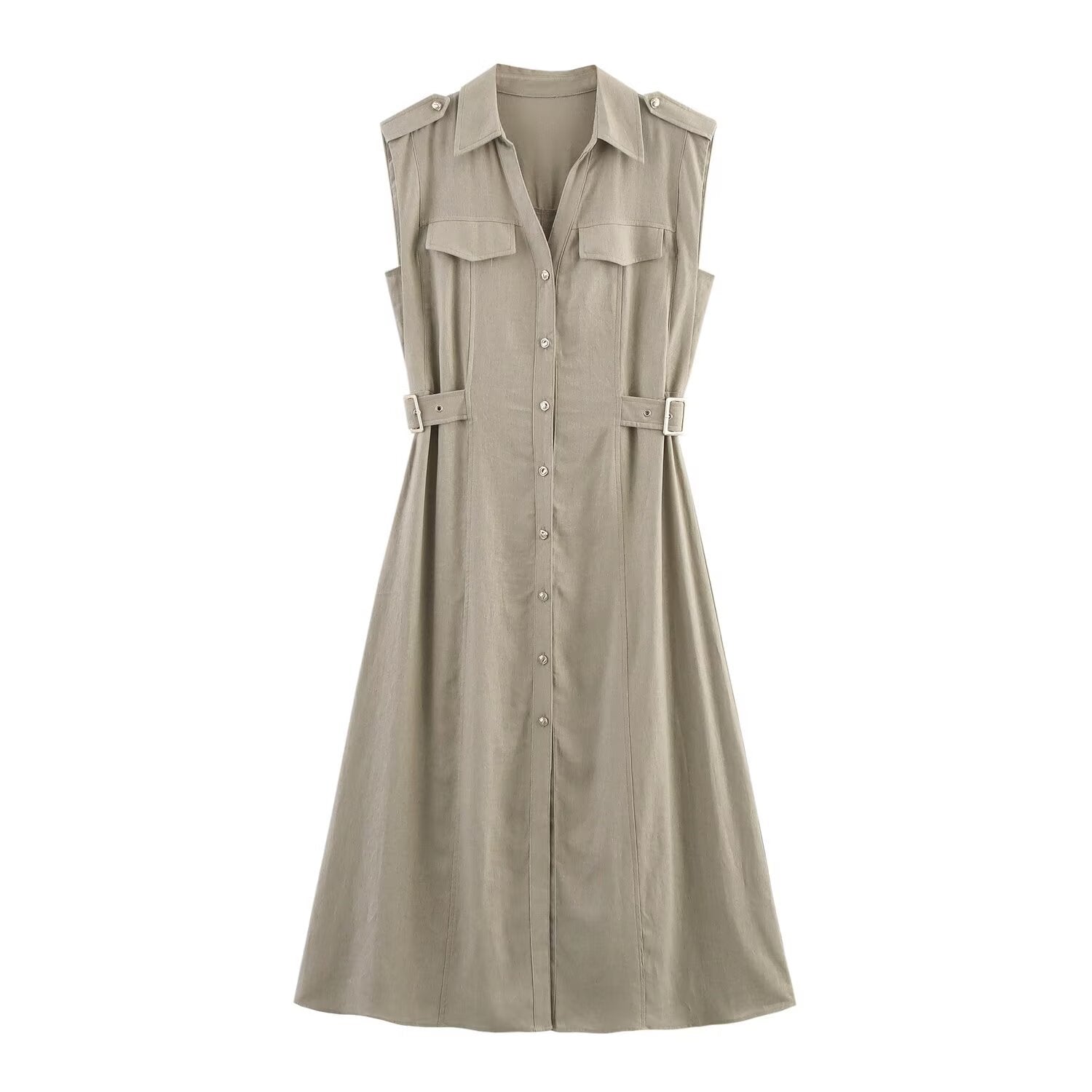 Women's Khaki Linen Midi Dress