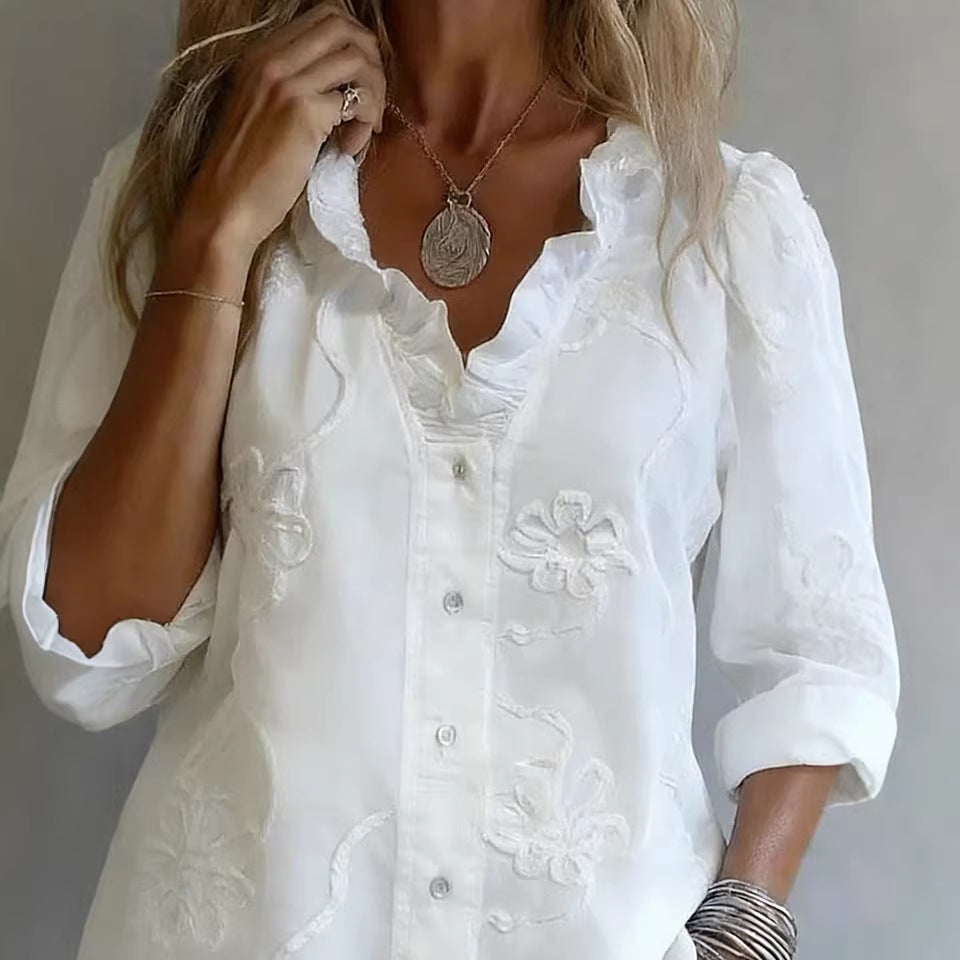 Women's Lace-Trim Printed Cotton-Linen Shirt