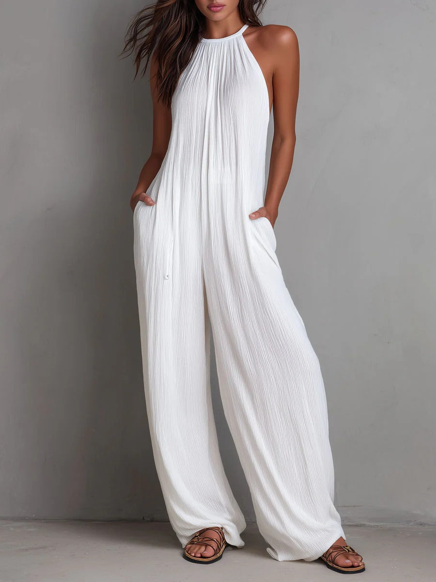 Women's Pleated Backless Halter Jumpsuit