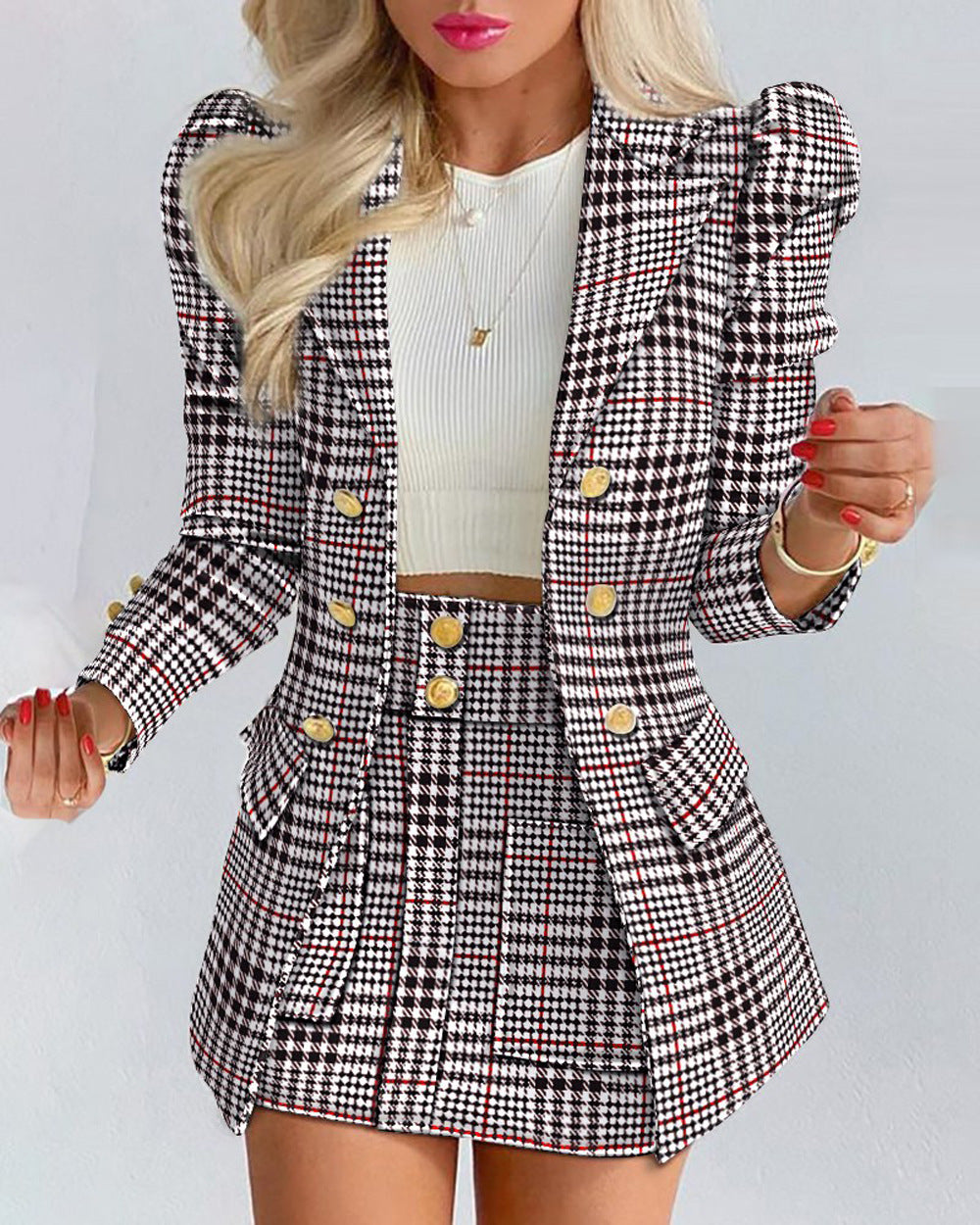 Women's Checkered Floral Skirt Two-Piece Set