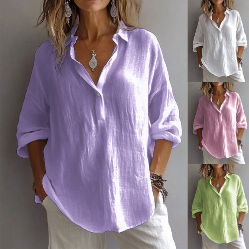 Casual Loose Plus Size V-Neck Long Sleeve Solid Color Shirt for Women
