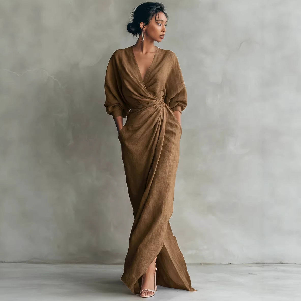 Becimi Women's V-Neck Belted Long Sleeve Dress