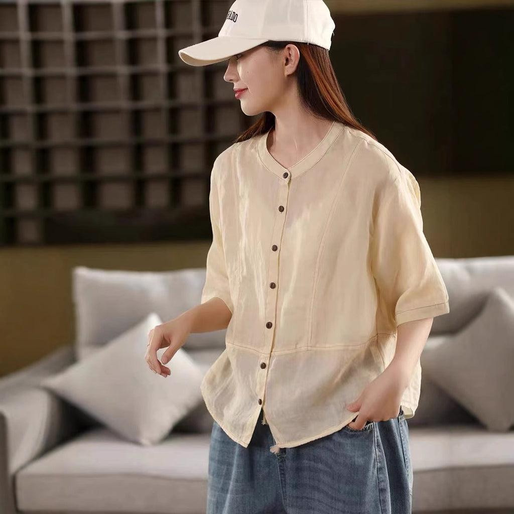 Retro High-Count Non-Sheer Ramie Shirt Women's Stand Collar Mid-Sleeve Blouse Three-Dimensional Splicing Top Thin Summer