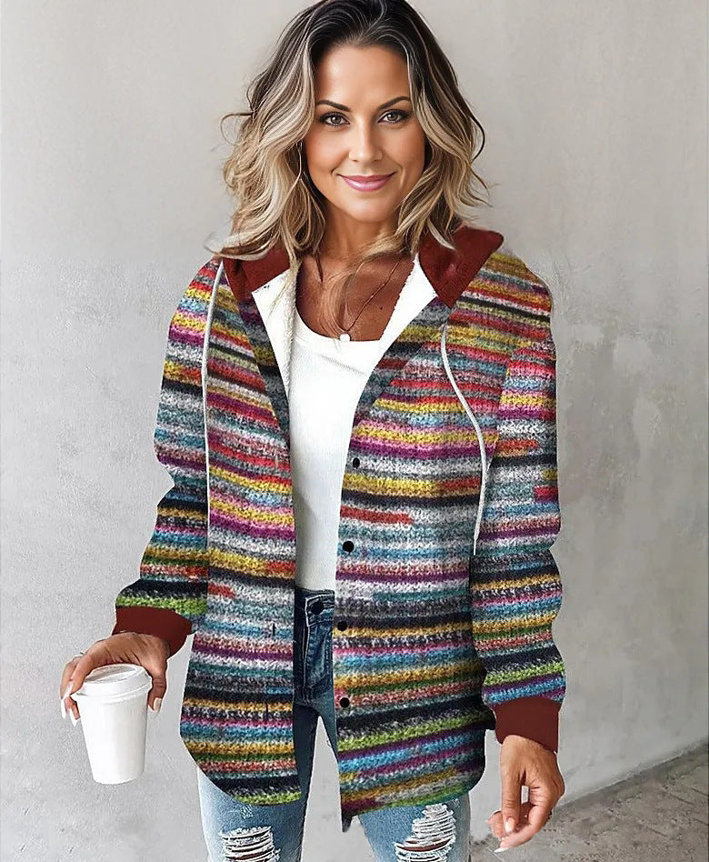 Women's Plaid Long Sleeve Hooded Coat