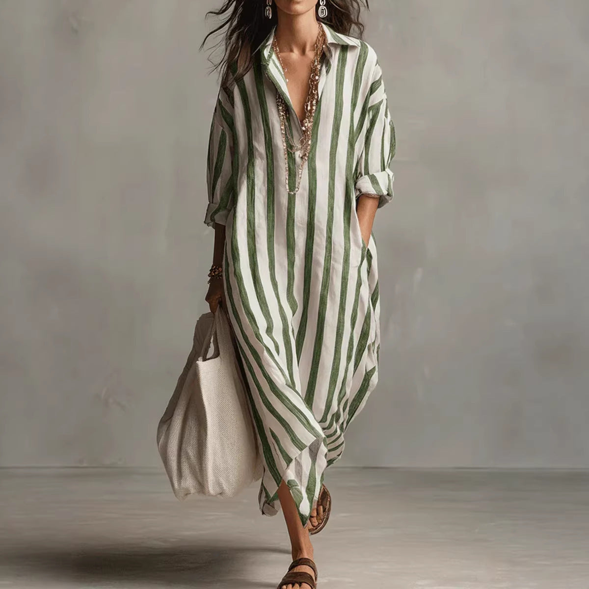Women's Striped V-Neck Shirt Dress