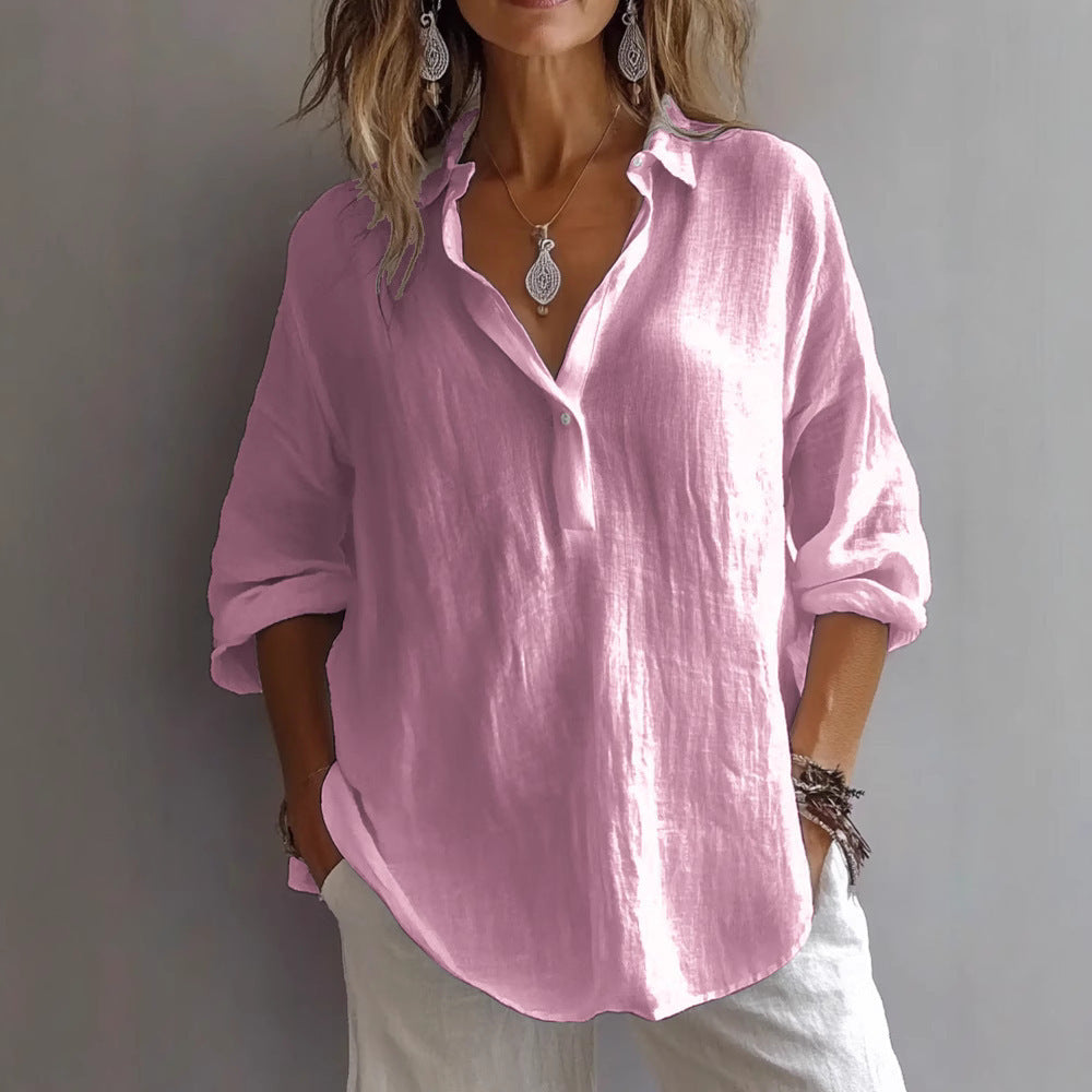 Casual Loose Plus Size V-Neck Long Sleeve Solid Color Shirt for Women