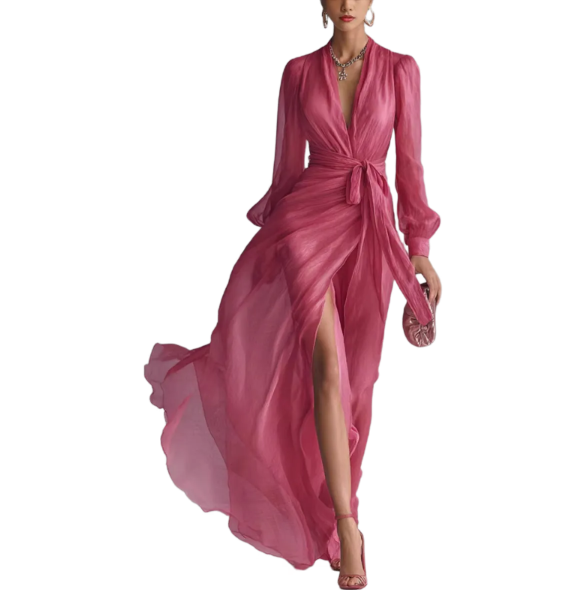 Becimi Women's Chiffon V-Neck Long Sleeve Dress