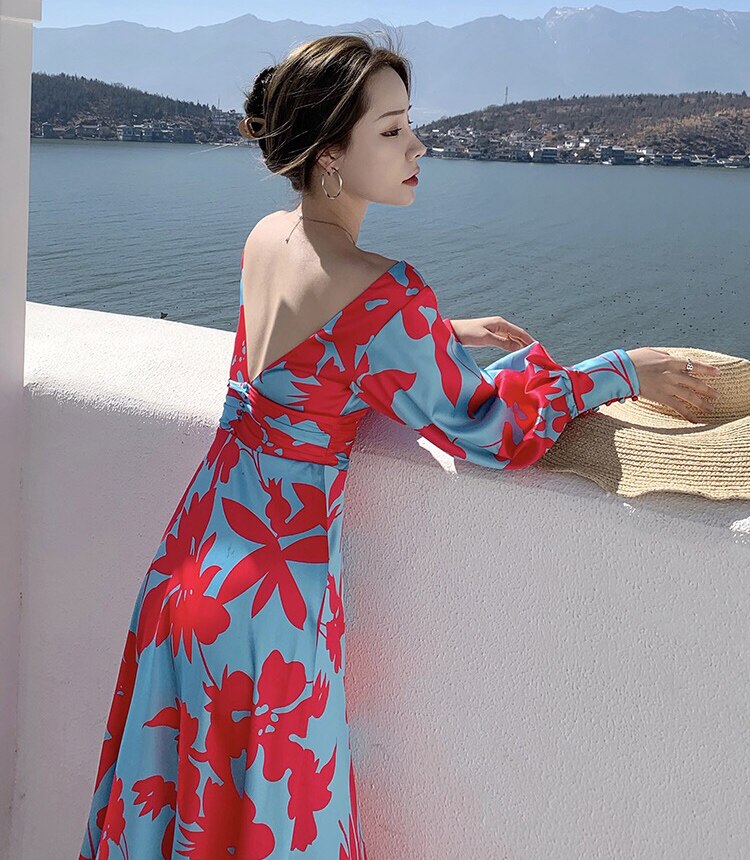 Becimi Women's Backless V-Neck Printed Dress