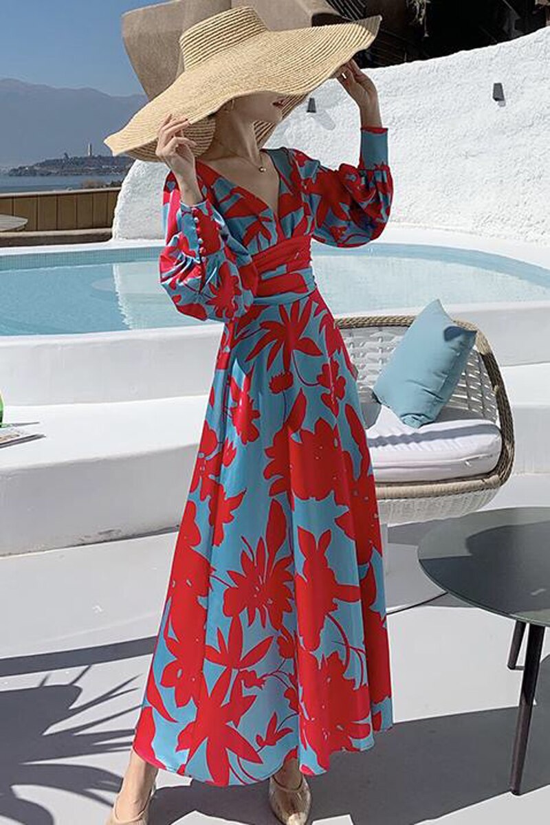Becimi Women's Backless V-Neck Printed Dress