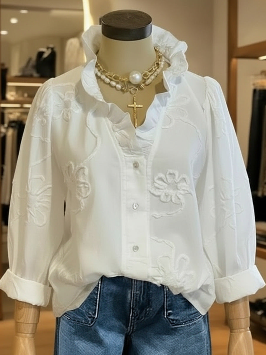 Women's Lace-Trim Printed Cotton-Linen Shirt