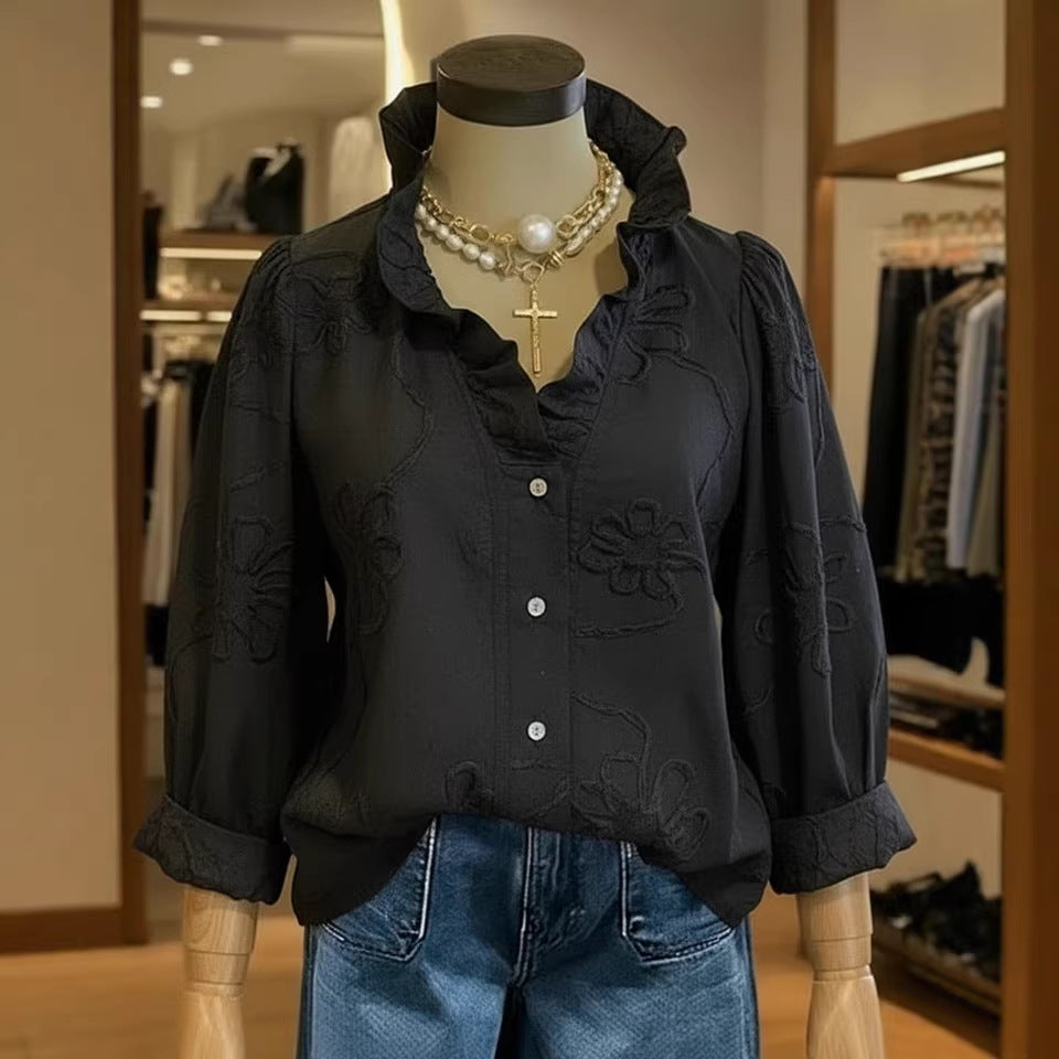 Women's Lace-Trim Printed Cotton-Linen Shirt
