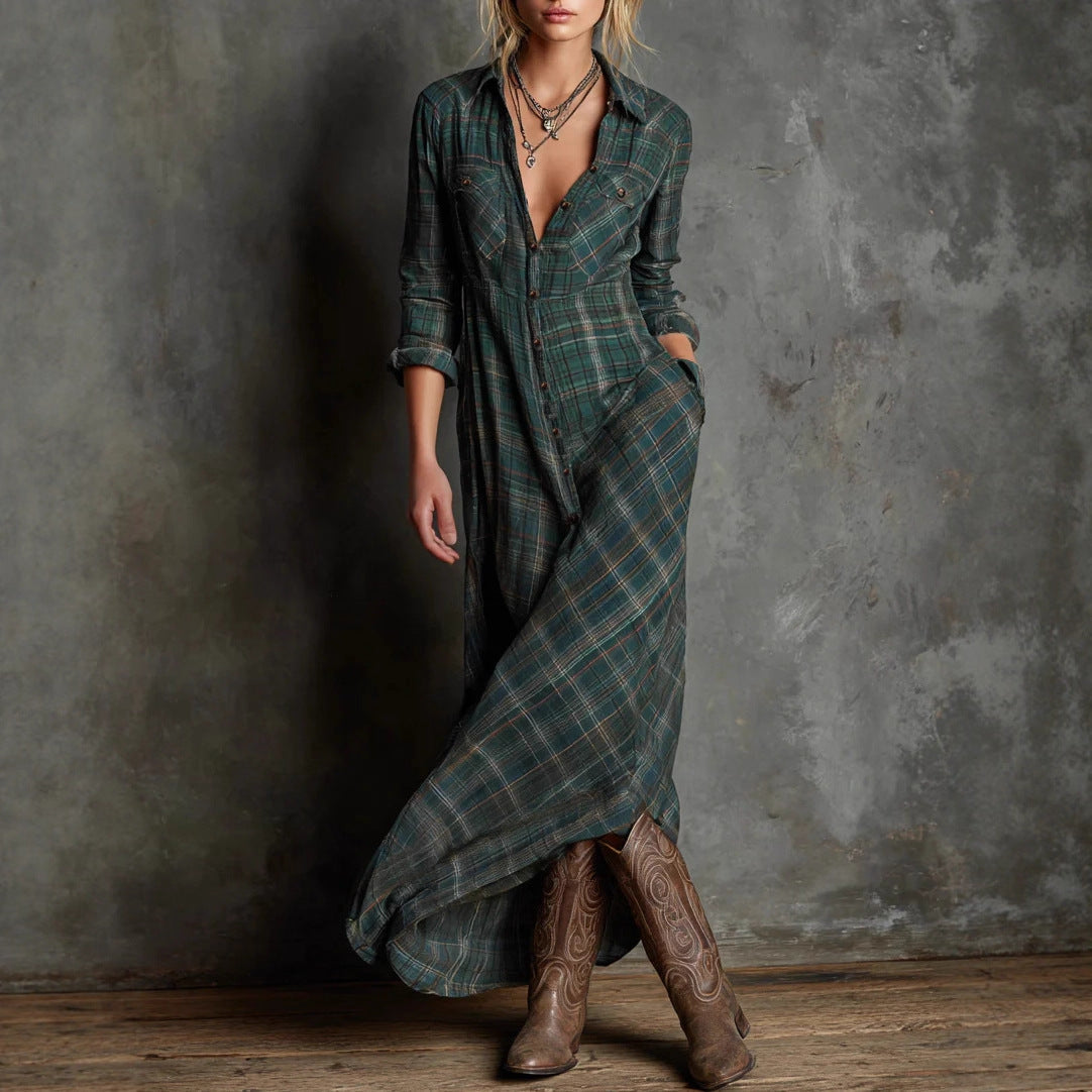 Becimi Women's Plaid Long Sleeve A-Line Dress