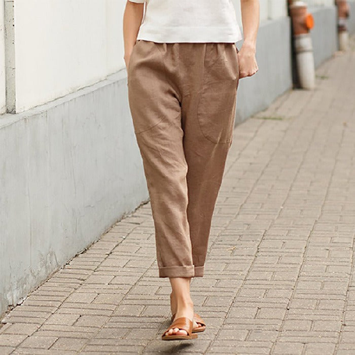 Women's Cropped Straight-Leg Linen Pants