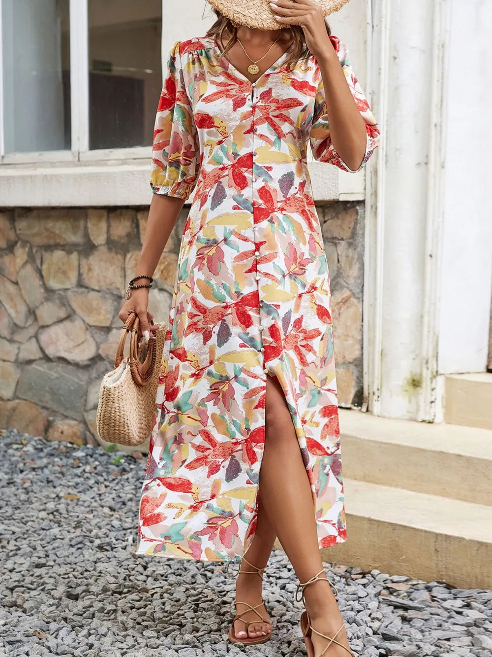 Women's Printed V-Neck Half-Sleeve Midi Dress