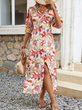Women's Printed V-Neck Half-Sleeve Midi Dress