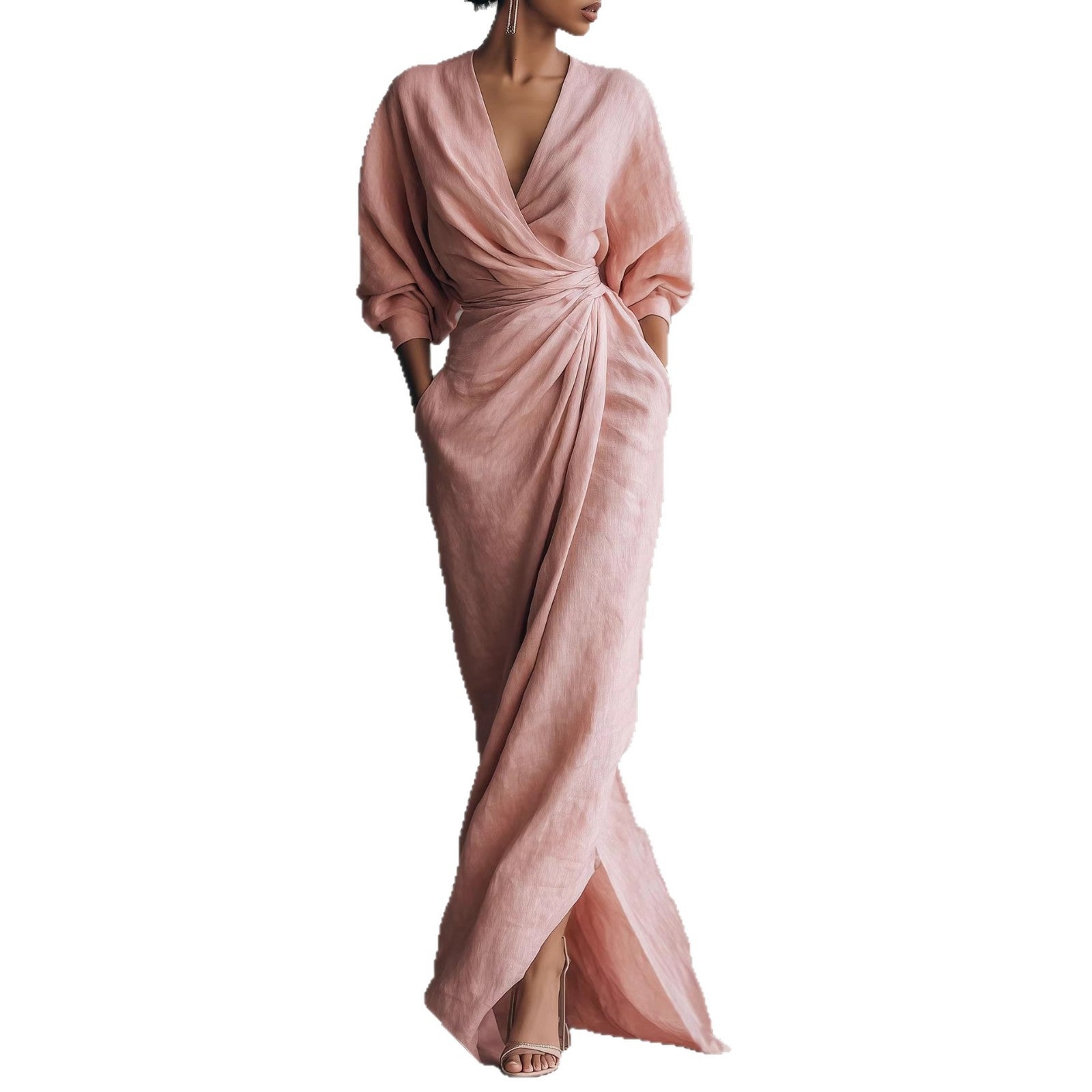 Becimi Women's V-Neck Belted Long Sleeve Dress