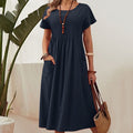 Summer  Women's Long Dress New Pure Color Pocket Pleated Short Sleeve Dress