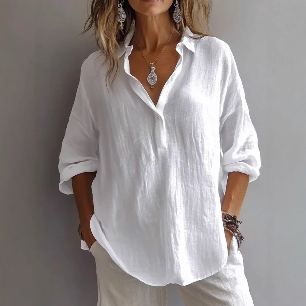 Casual Loose Plus Size V-Neck Long Sleeve Solid Color Shirt for Women