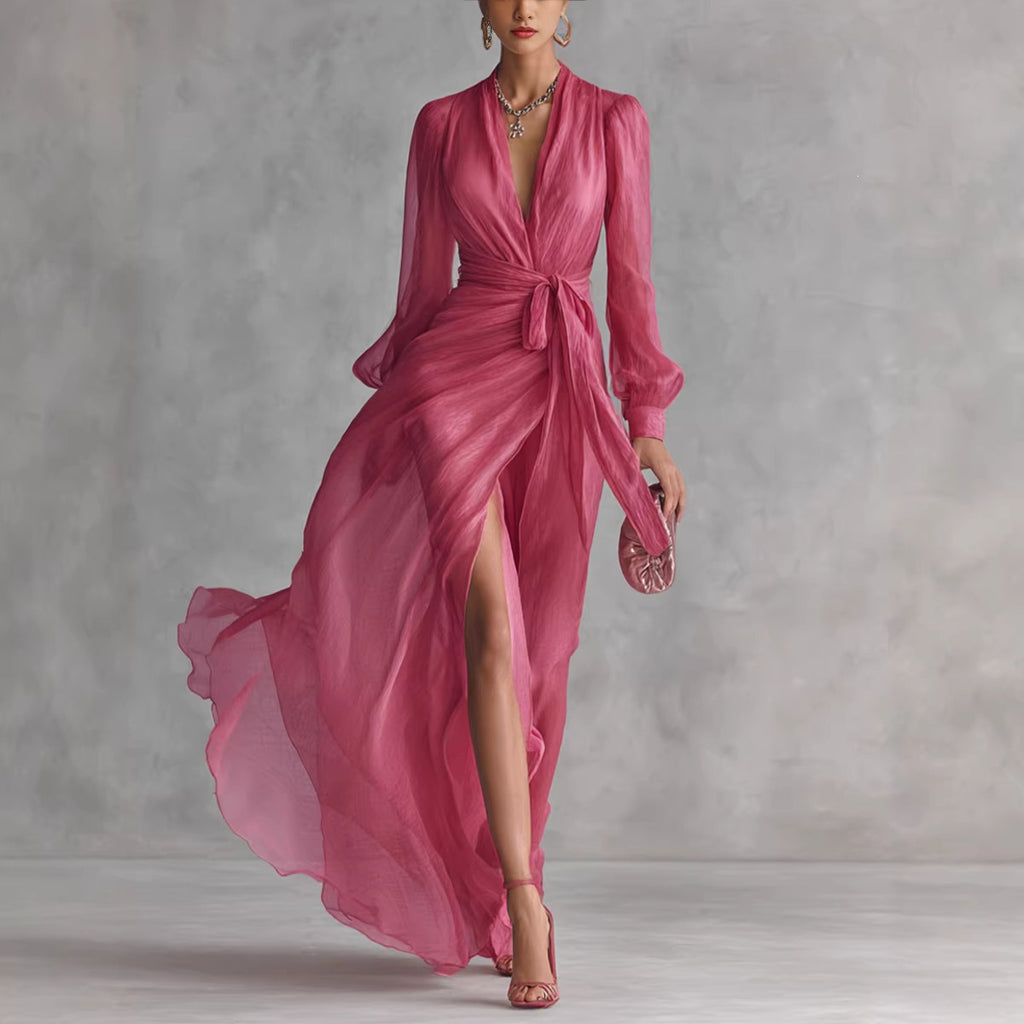 Becimi Women's Chiffon V-Neck Long Sleeve Dress