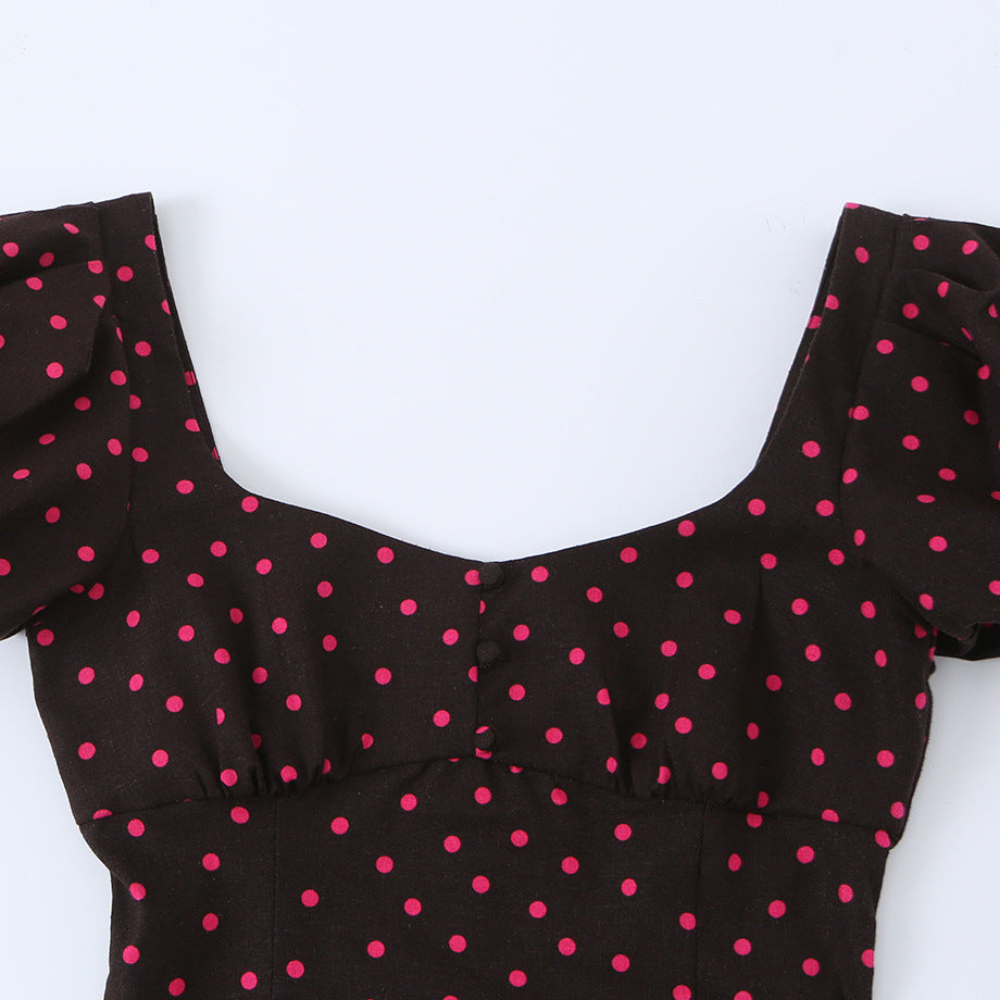 Women's Dotted Bubble-Sleeve Linen Dress