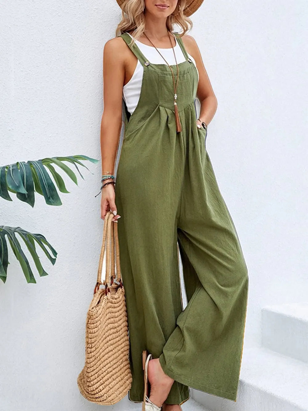 Women's Square-Neck Wide-Strap Overalls