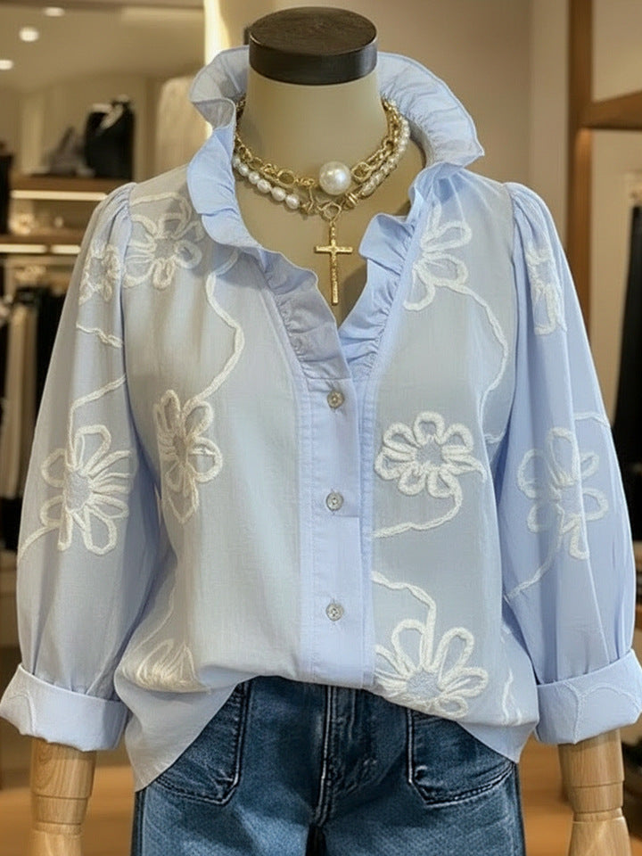 Women's Lace-Trim Printed Cotton-Linen Shirt