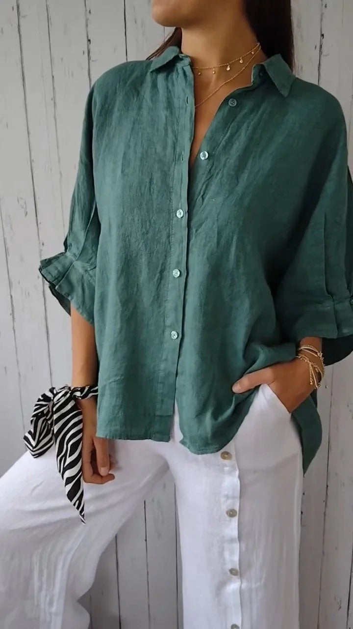 Women's Lace-Up Back Cotton-Linen Shirt