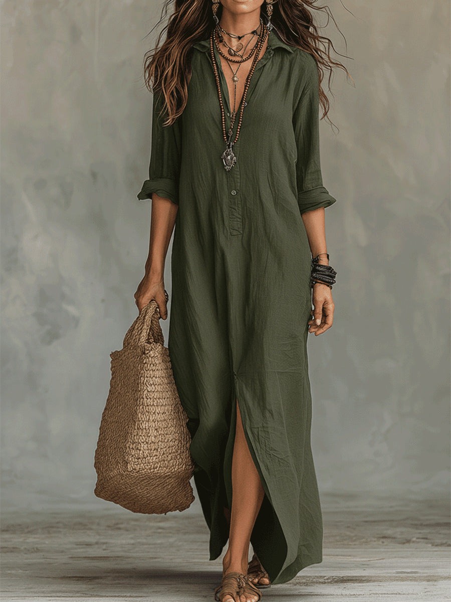 Women's Notch-Lapel Slit Shirt Dress