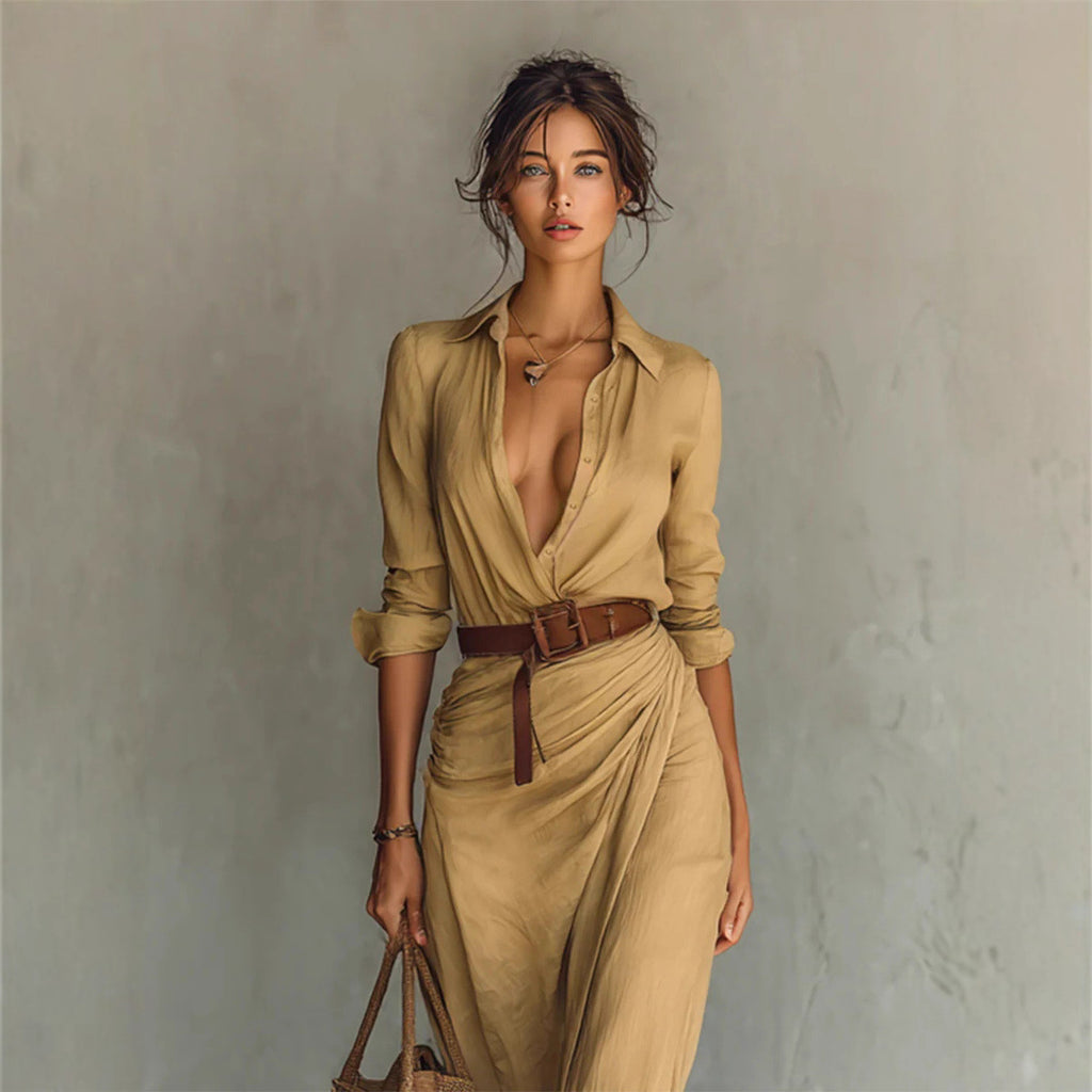 Becimi Women's Pleated Slit Long Sleeve Dress