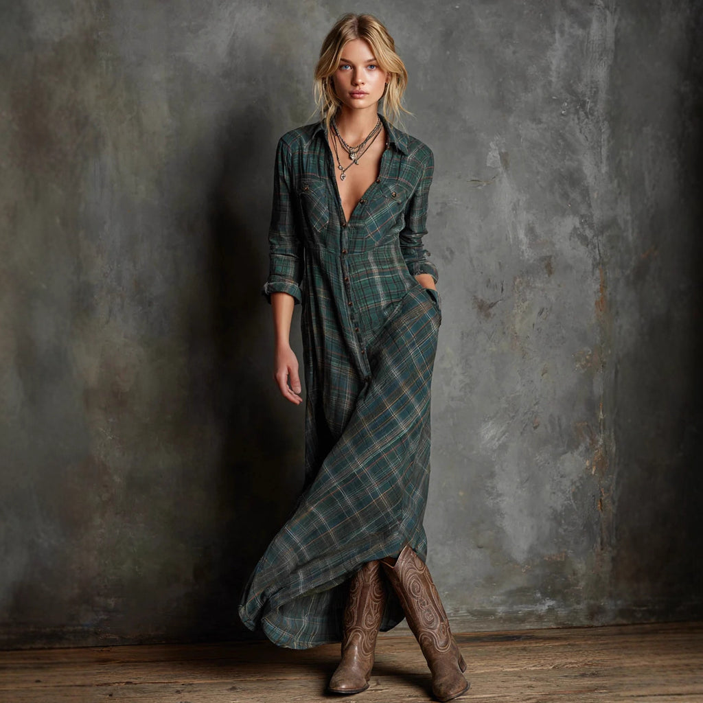 Becimi Women's Plaid Long Sleeve A-Line Dress