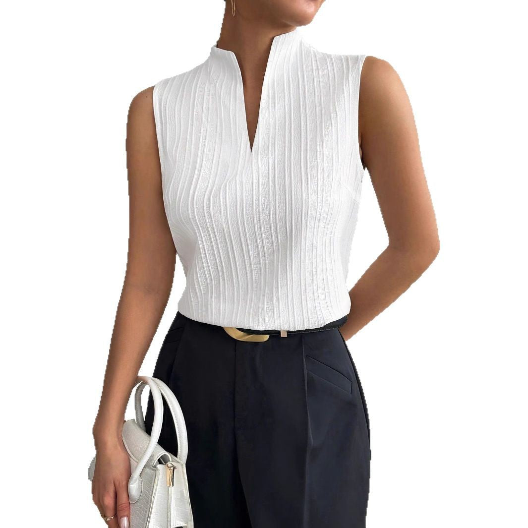 European and American Style Women's Top Pure Color V-neck Slim Fit Sleeveless Textured Short-sleeve Casual T-shirt