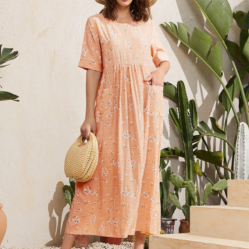 Dress Print Loose Hot Mom Comfortable Long Skirt Pocket Women's Dress