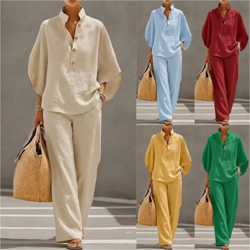 Women's V-Neck Top & Straight-Leg Pants Set