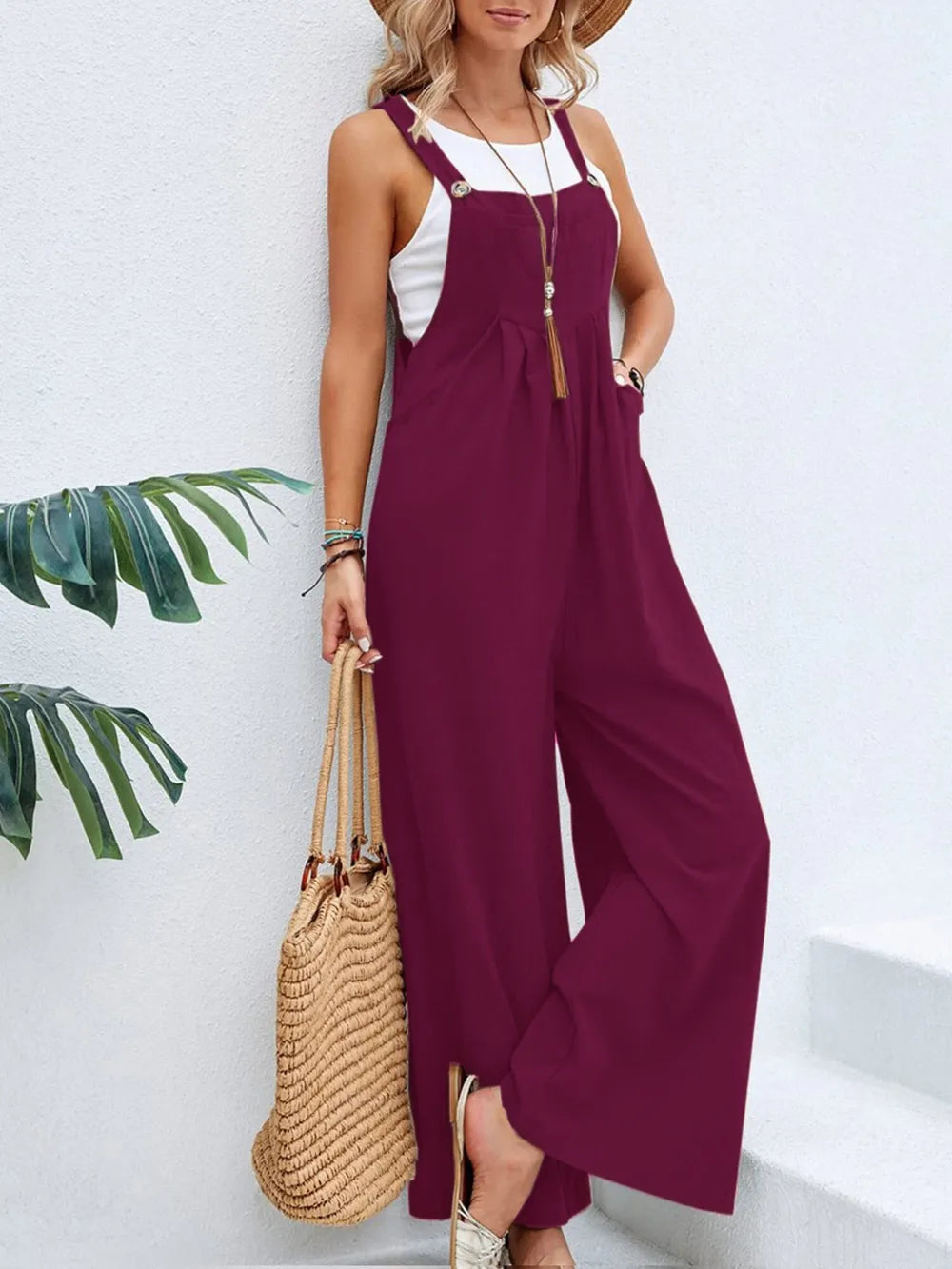 Women's Square-Neck Wide-Strap Overalls