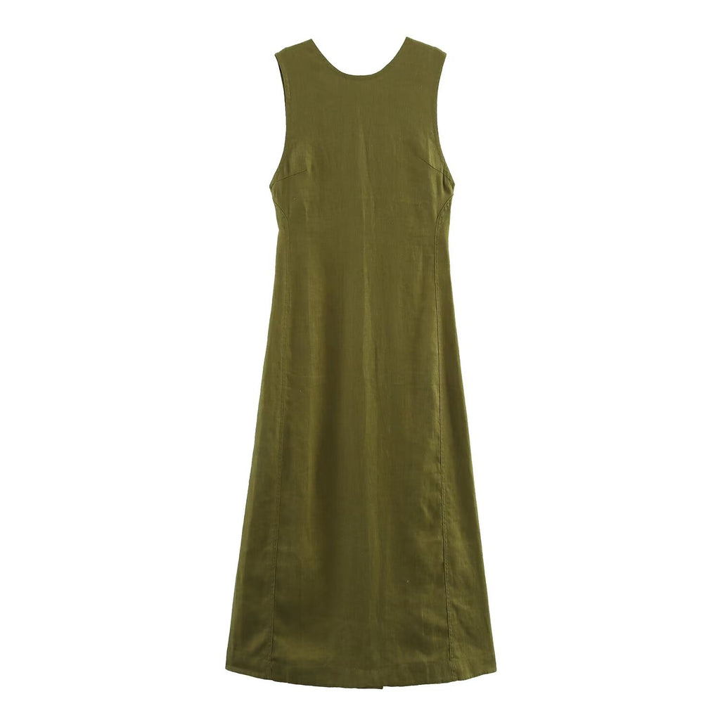 Women's Military Green Linen Midi Dress