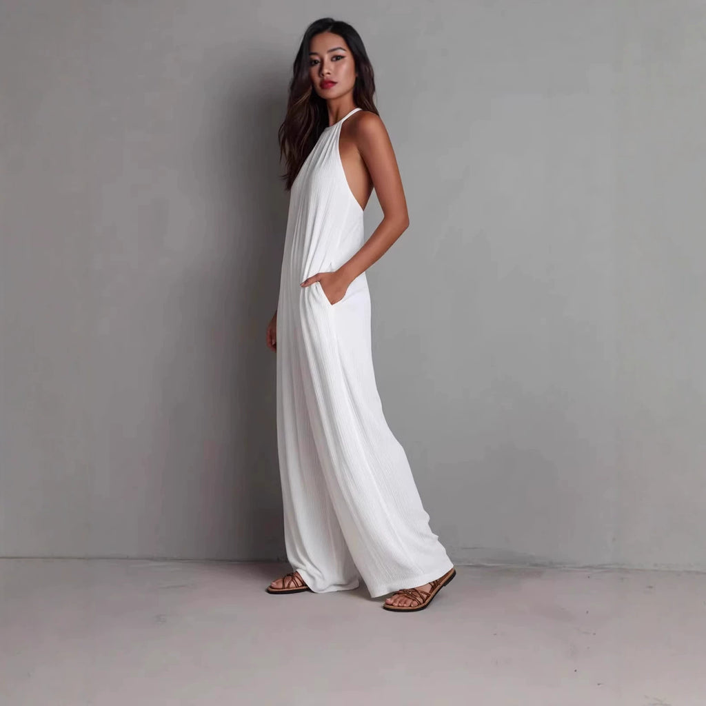 Becimi Women's Pleated Backless Halter Jumpsuit