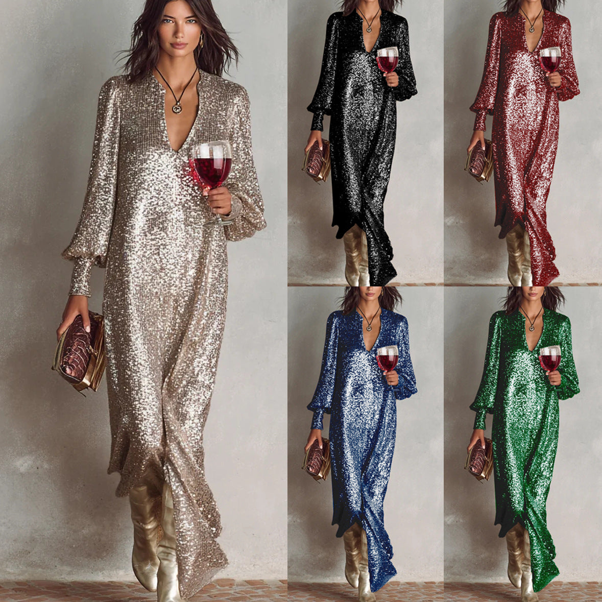 Becimi Women's Slit Sequin V-Neck Dress