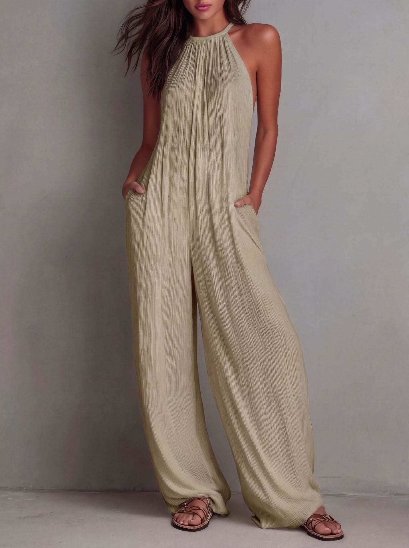 Women's Pleated Backless Halter Jumpsuit