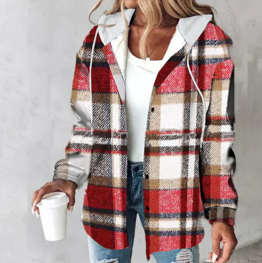 Women's Plaid Long Sleeve Hooded Coat